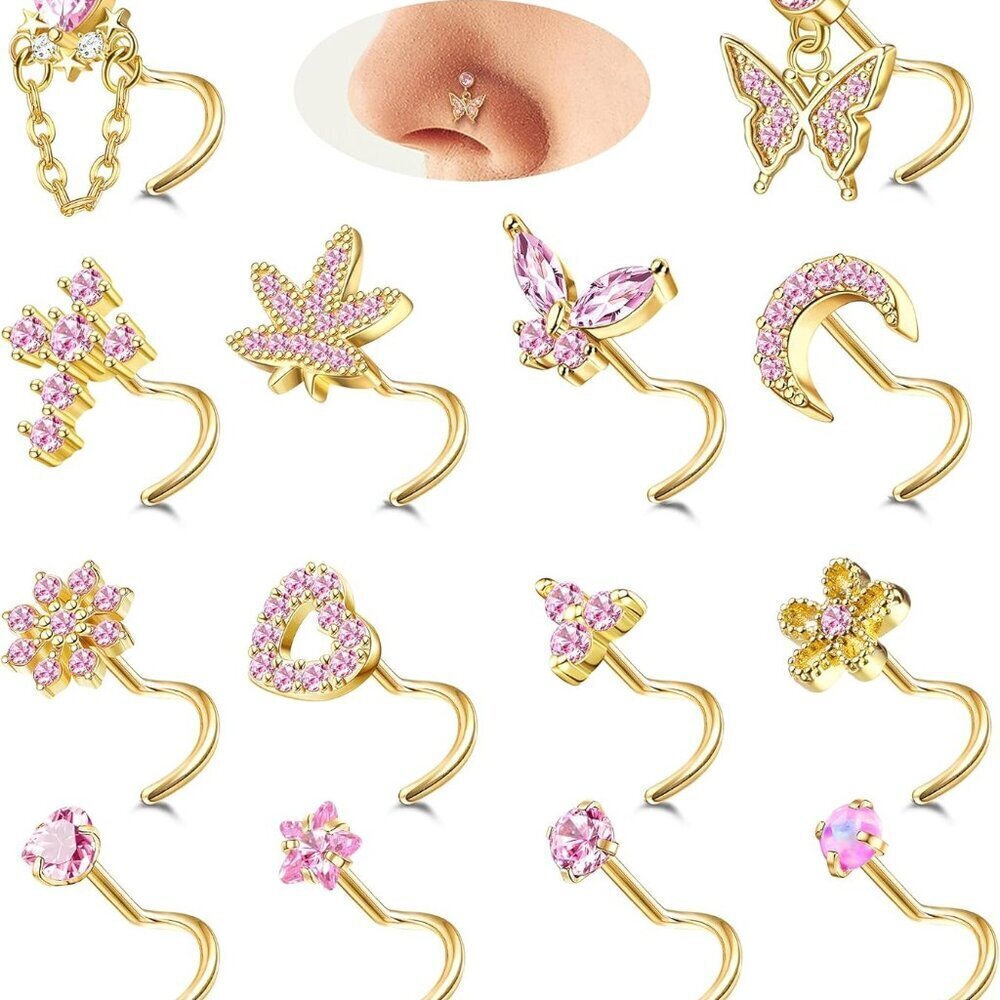 Nose Rings Stainless Steel 20G Dangle Hoop Set with CZ Opal Charms for Women